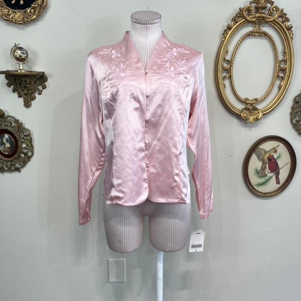 Vintage Laura Scott Pink Satin Embroidered Blouse Petite 12 NWT